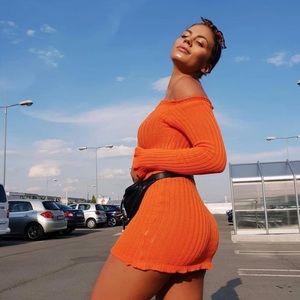Off the shoulder rubbed mini dress orange